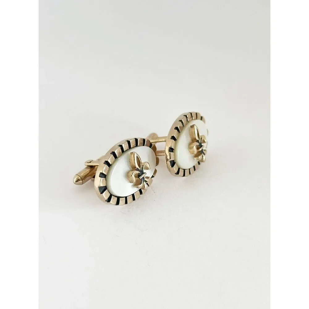 Vintage Fleur De Lis Mother of Pearl Gold Tone Cuff Links